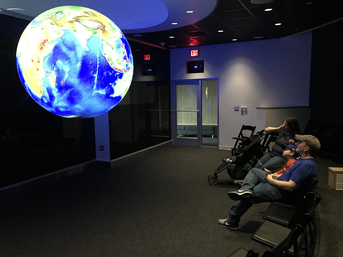 ScienceMusofVA's tweet image. The Perry family from Millsboro, DE spent almost all day in the Museum today! Here they are enjoying our @NOAA-developed Science On a Sphere. They were learning all about volcanoes! #VAmuseums #RVA #VolcanoScience #ScienceOnASphere
