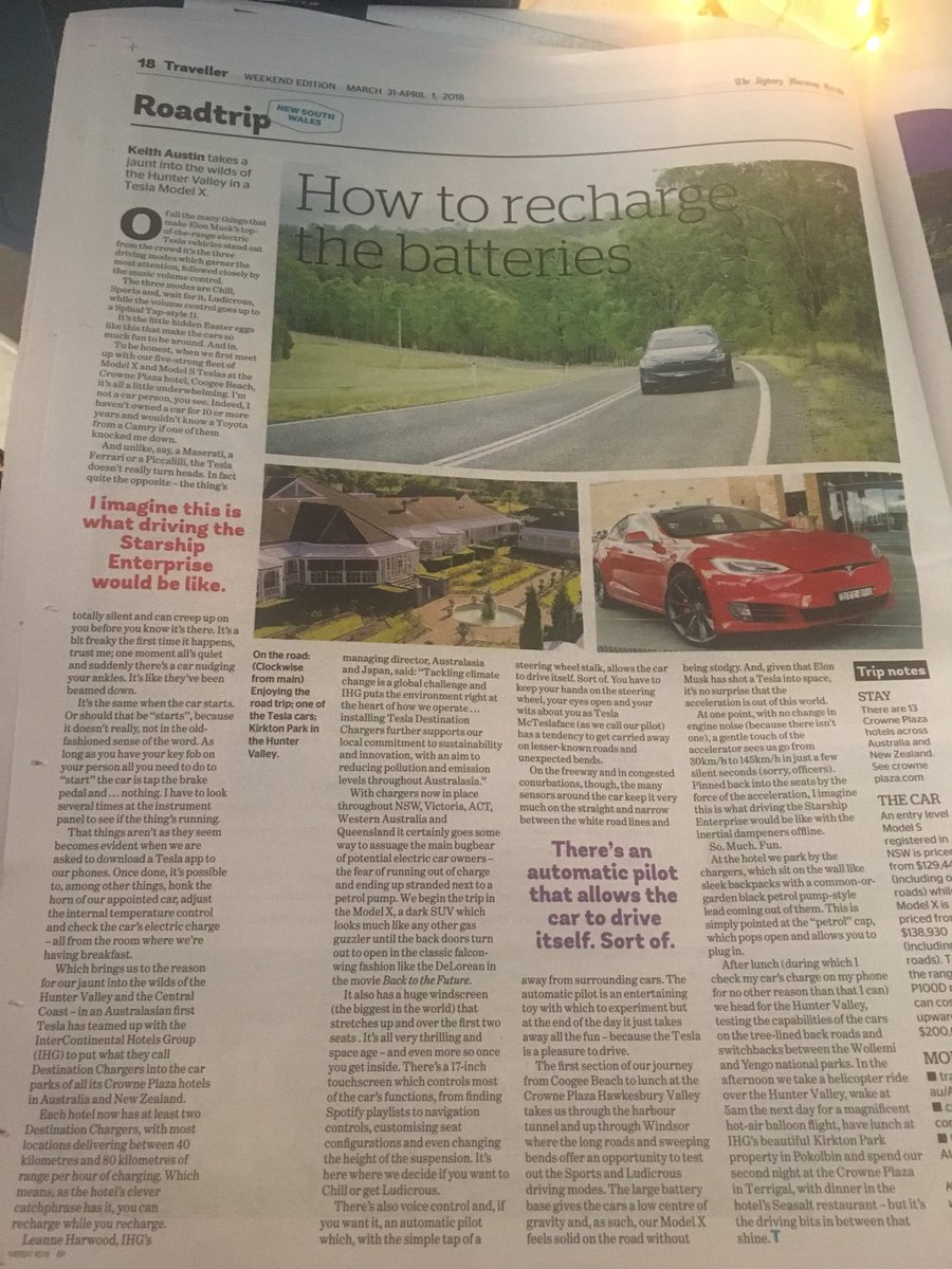 So <a href="/smh/">The Sydney Morning Herald</a> ... nice article but fails to say the problem is there is only 2 recharge stations at kirkton and I might know someone without a Tesla parking in one of the spots ....