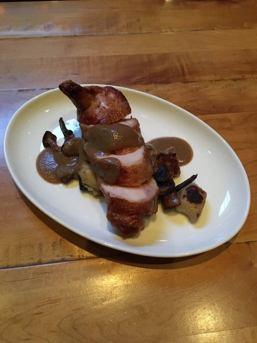 We have an incredible special this weekend!! This is the Cornish Hen served with pan fried dumplings, mixed mushrooms and opor sauce. Available tonight and tomorrow night. #xxx #noordenfoodbar #ginbar #midtowneats #cornishhen