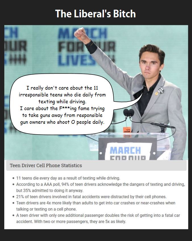 waterbuck2017's tweet photo. @davidhogg111 Why do you have your priorities wrong, David?  

  11 -  irresponsible teens die daily by texting while driving, yet you want to take guns away from responsible guns owners.  

  O - people die daily by responsible gun owners.
  Who’s the liberal’s bitch here, David? https://t.co/kRBXbjoOvv