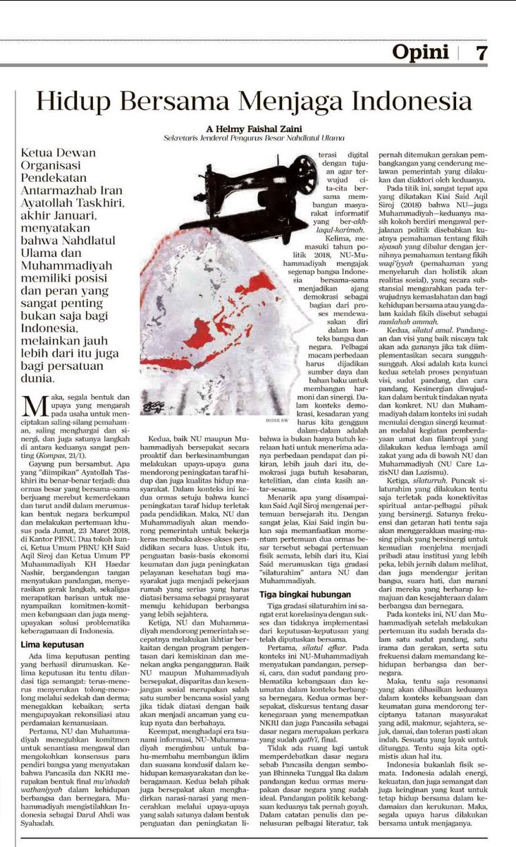 farizalniezar's tweet photo. Simak artikel Sekjen @nahdlatululama Kang @Helmy_Faishal_Z “Hidup Bersama Menjaga Indonesia” via @hariankompas https://t.co/Cz8owPfNAL