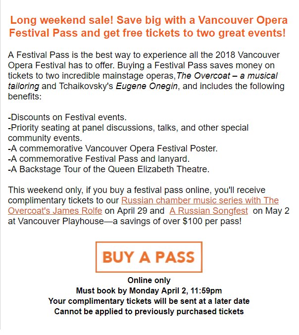 VioletDates's tweet photo. @VancouverOpera is tempting me hardcore with this offer. Anyone else going to this year's Opera Festival or The Overcoat?
#vancouveropera #vanopera #operafestival #TheOvercoat https://t.co/4YVVq9Zh6P