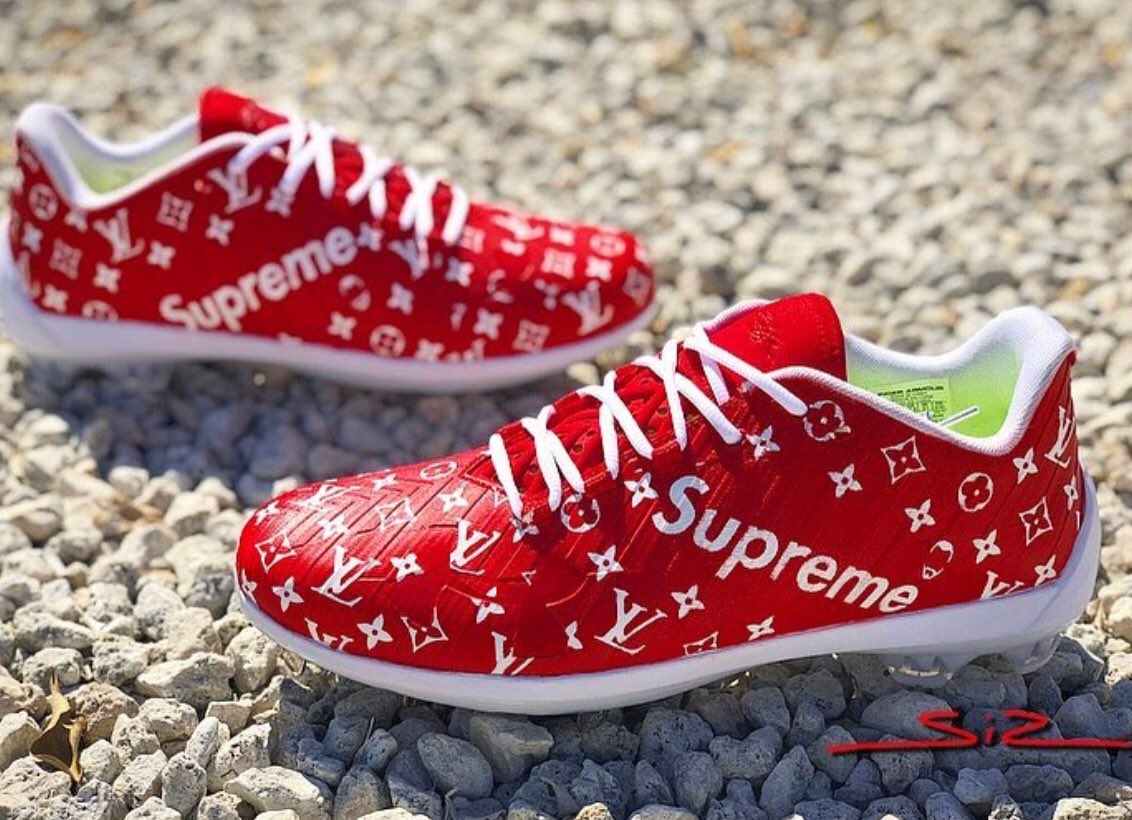 Darren Rovell on X: Bryce Harper's Louis Vuitton x Supreme cleats (📷 by  @starting9). Amazing that Nike & Under Armour let their top guys wear  Supreme logos at this point. Brand has