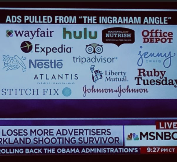 .@Lawrence @davidhogg111 great news these advertisers dumped #LauraIngram! As a Mom I gotta say she is a nasty bitch and deserves a bitchslap. 🖕🏻🔥 #enough #neveragain #VoteThemOut #ParklandStudentsSpeak #ParklandStudentsRock Why does anyone advertise on @FoxNews? 🤔 #LastWord