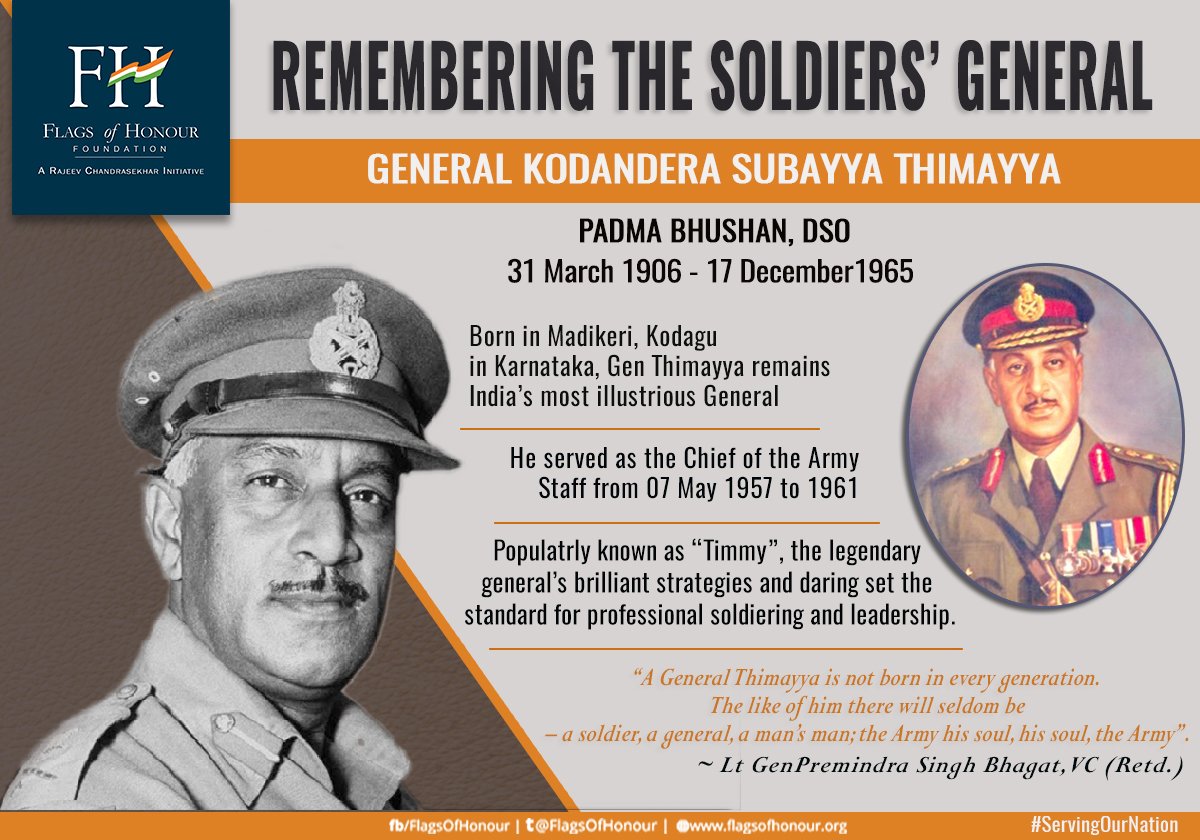 FlagsOfHonour's tweet photo. #Remembering the legendary General Kodandera Subayya Thimayya
Padma Bhushan, DSO on his 112th Birth Anniversary today. Our tributes to one of the most distinguished soldiers of the Indian Army 🇮🇳@adgpi @IAF_MCC @indiannavy #ServingOurNation 🇮🇳 https://t.co/jeTT6xEOow