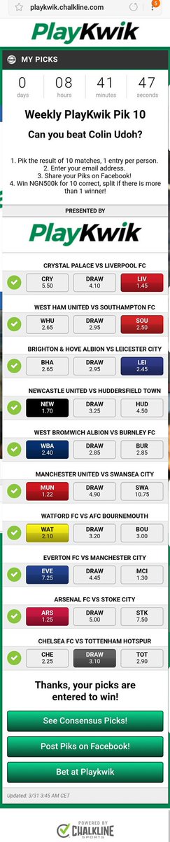 ColinUdoh's tweet photo. Another chance to win N500K. Just make your 10 picks and if you get it all, you could win. Simple. And easy @PlayKwikNigeria #PlayKwik #Pick10 https://t.co/DO9mtpTgQ4