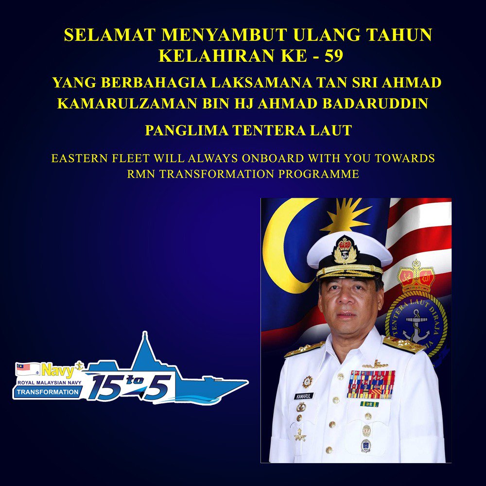 HQ Eastern Fleet (@mpa_timur) on Twitter photo Selamat Menyambut Ulang Tahun Kelahiran buat PTL kami, YBhg Laksamana TS <a href="/mykamarul/">Kamarul</a>.
Semoga dipanjangkan umur, dimurahkan rezeki & terus cemerlang menerajui <a href="/tldm_rasmi/">Royal Malaysian Navy</a>.
Ikhlas drpd YBhg Dato' <a href="/syedzahirputra/">VAdm Syed Zahiruddin</a> & seluruh warga #NavyPeople <a href="/MPA_Timur/">HQ Eastern Fleet</a>!
#NavyWishes
#NadiNegaraku Selamat Menyambut Ulang Tahun Kelahiran buat PTL kami, YBhg Laksamana TS <a href="/mykamarul/">Kamarul</a>.
Semoga dipanjangkan umur, dimurahkan rezeki & terus cemerlang menerajui <a href="/tldm_rasmi/">Royal Malaysian Navy</a>.
Ikhlas drpd YBhg Dato' <a href="/syedzahirputra/">VAdm Syed Zahiruddin</a> & seluruh warga #NavyPeople <a href="/MPA_Timur/">HQ Eastern Fleet</a>!
#NavyWishes
#NadiNegaraku