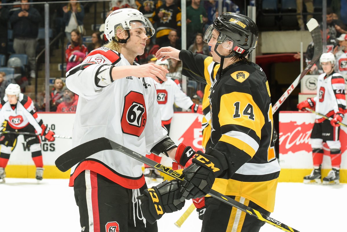 BulldogsOHL's tweet photo. @WillBitten14 and @SamBitten14 shake hands after @BulldogsOHL eliminate the @Ottawa67sHockey in the 1st Round of the OHL Playoffs

#BulldogsAssemble https://t.co/A7eavGK8KM