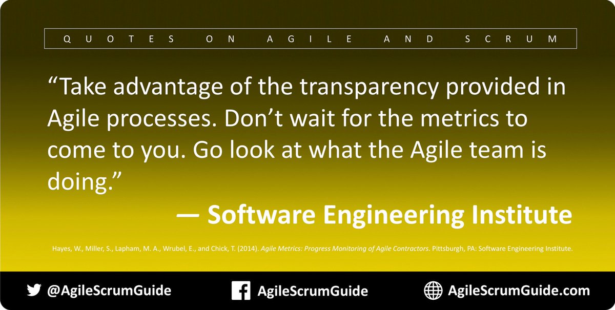 AgileScrumGuide's tweet photo. “Take advantage of the transparency provided in Agile processes. Don’t wait for the metrics to come to you.”
#agile #metrics #transparency #monitoring #reporting #project #projectmetrics #projectmgmt #projectmanagement #SEI #SoftwareEngineeringInstitute #PMO #SEI #quote https://t.co/f8fniwZm8v