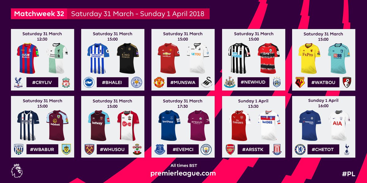 george_ndisya's tweet photo. The #PL is back with some interesting fixtures. Who do you fancy to win this #MD32 matches? @mmustfmsports 
#CRYLIV  #MUNSWA #EVEMCI  #ARSSTK #CHETOT @premierleague https://t.co/khXK6is5sm