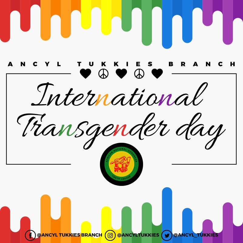As the ANCYL Tukkies Branch we understand the importance of International Transgender day for Visibility. We want to help cultivate a society where gender diversity is celebrated and not Policed and most importantly an intersectional society 🏳️‍🌈 💛🖤💚

#TransDayOfVisibility