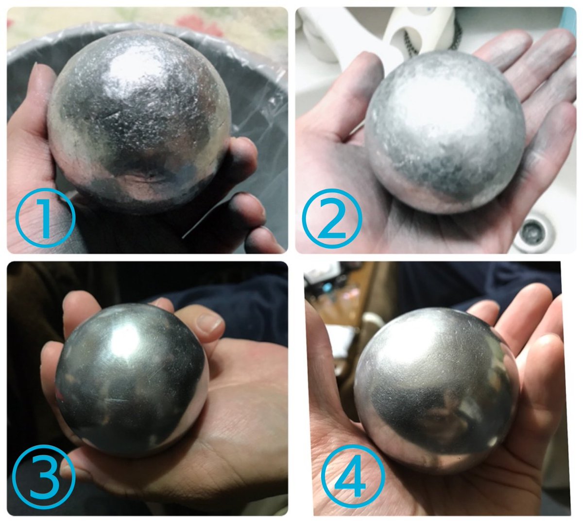 よね 兄が作りました 完成品 途中経過 番号見づらかったらすみません アルミホイル玉 アルミ玉 アルミホイル