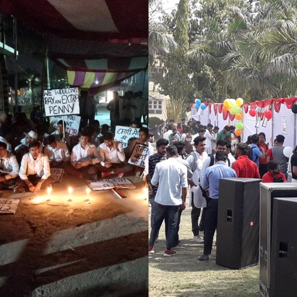 navrose12's tweet photo. We sitting at nights for our protest and what our college is giving us in return. Hum pardarshan kr rhe hain aur yeh jashan mna rhe hain. @PMOIndia @ravishndtv @aajtak @abpnewstv @RahulGandhi @tsrawatbjp @ShashiTharoor @RajBabbarMP #doctorsnotbanks #feeandfest https://t.co/6oH4hKkKsW