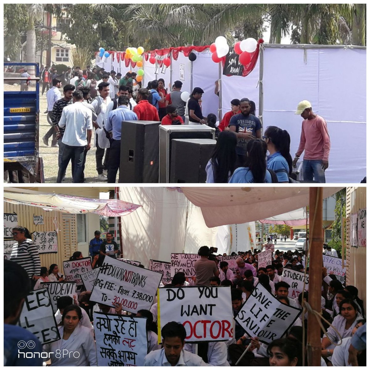 azhar_darain's tweet photo. #doctorsnotbanks @sudhirchaudhary @RahulGandhi @ndtv @ZeeNews @JPNadda @anandrai177 we are protesting and the college management is celebrating FOUNDERS DAY https://t.co/27qIli0ccV