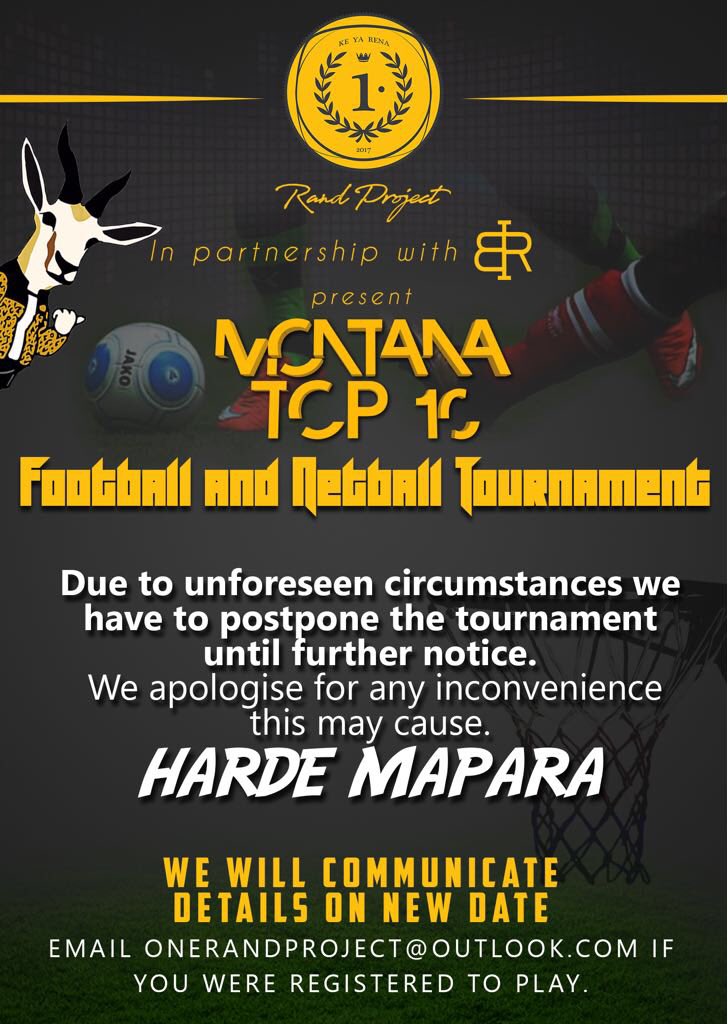 BangDulamo_ZA's tweet photo. Due to issues with the municipality we have to postpone Montana Top 10 Brands until further notice.
We know that this is a big inconvenience but it has to be done for the protection and growth of our brand and consumers. #OneRandProject #MontanaTop10Brands https://t.co/e3zDfpbyMU