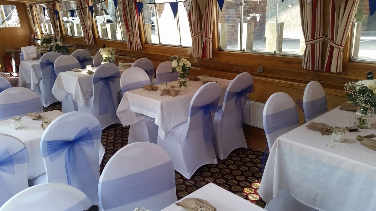 BargeTrips's tweet photo. Our boat Emmeline Pankhurst dressed for a Wedding Breakfast #wedding #castlefield #Manchester https://t.co/NS0WpzfDLK
