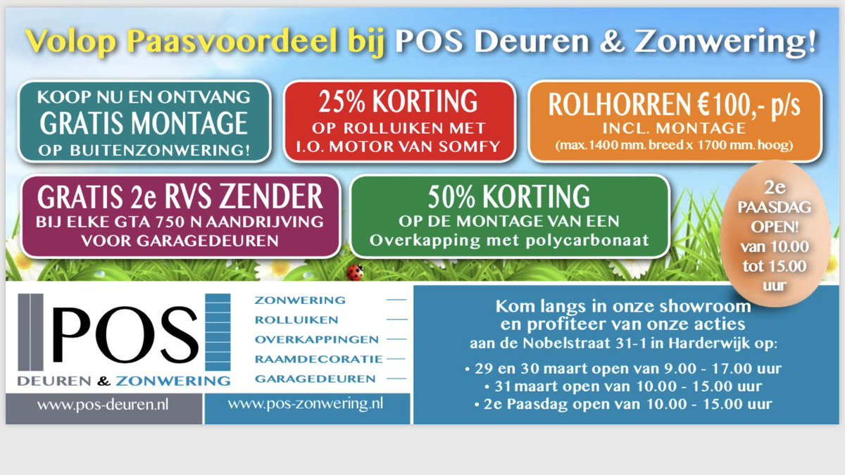 Wij zijn vandaag en Tweede Paasdag open van                        10.00 uur t/m 15.00 uur. #zonwering #kortingzonwering #garagedeurenaktie #rolluiken