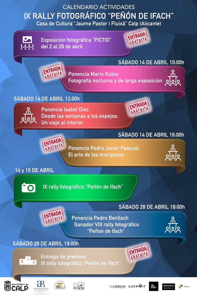 fotoclubifach's tweet photo. Este es el calendario de actividades que este año va a acompañar al IX rally fotográfico "Peñón de Ifach" durante el mes de abril y que no te puedes perder.
Patrocina
@AjCalp @ARhotels
 Colabora
@LucrOit  @FotoRuanoPro @photopills #theheregallery #tucapricho https://t.co/zsxJvSc1WU