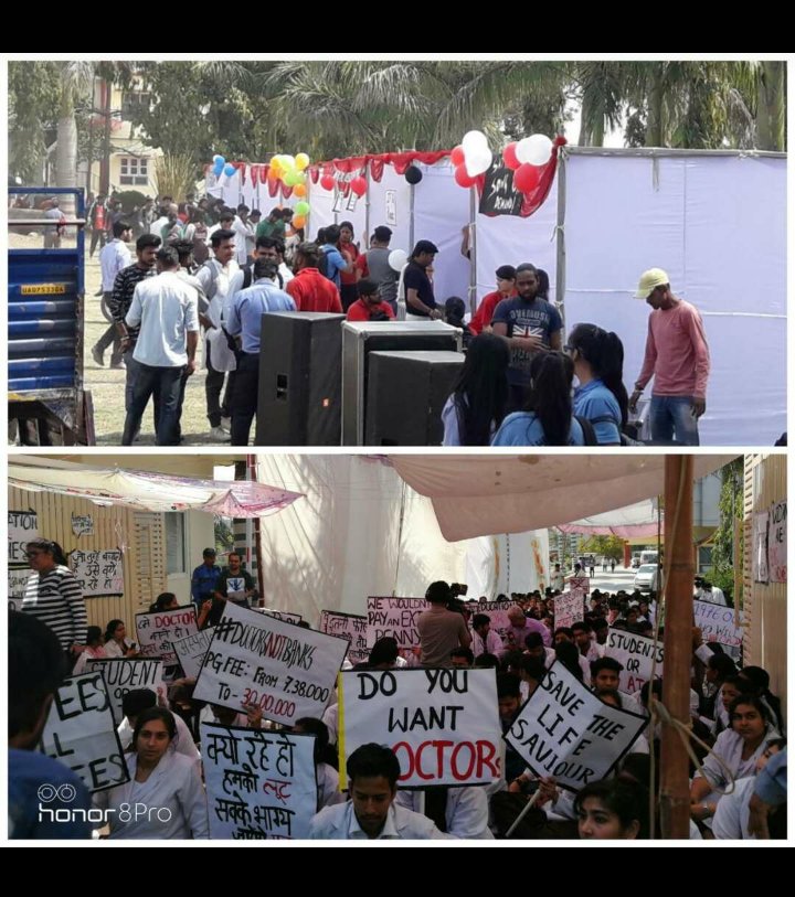 sasha_rite's tweet photo. #doctorsnotbanks No sympathy... SGRR celebrating the Founder's Day while the MBBS students sit in scorching heat for the 5th day @PMOIndia @RahulGandhi @htTweets @ndtv @ravishndtv @sudhirchaudhary @RajBabbarMP https://t.co/UmCUvYSUz0