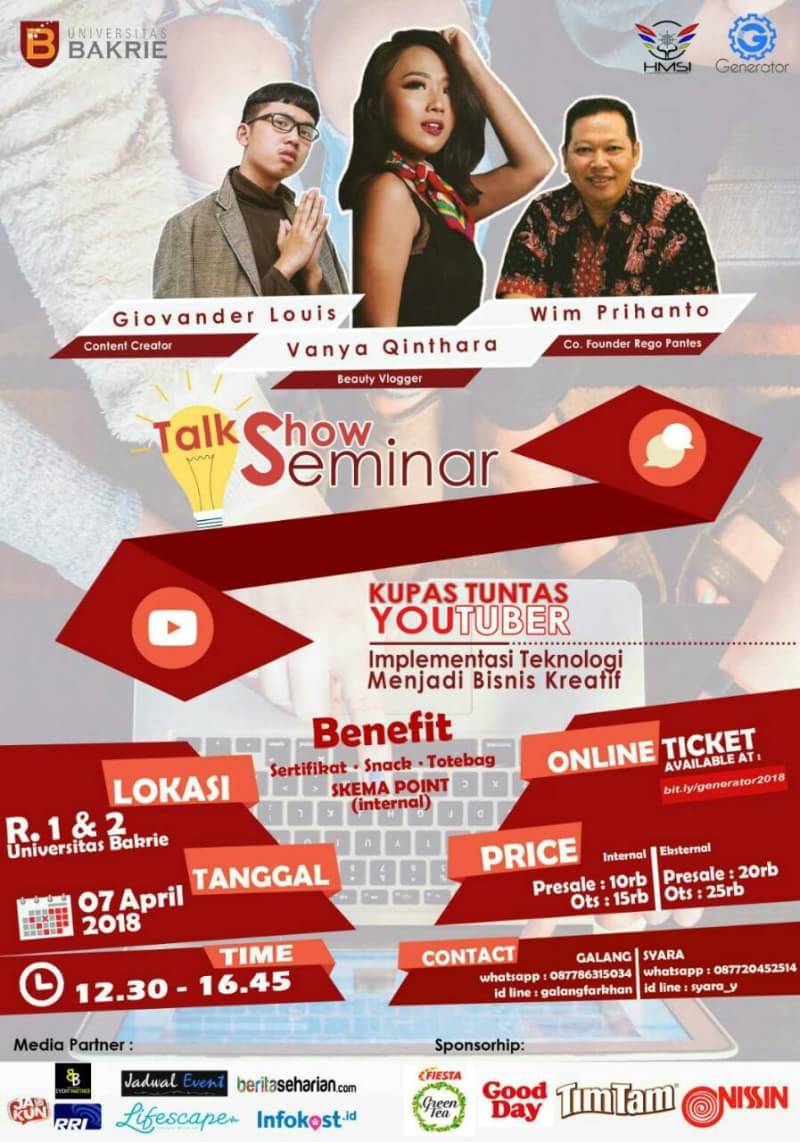 Seminar &amp; Talkshow ticket are now available for purchase

what are you waiting for?

let's check GENERATOR 2018 timeline for more information : line.me/ti/p/%40sov422…