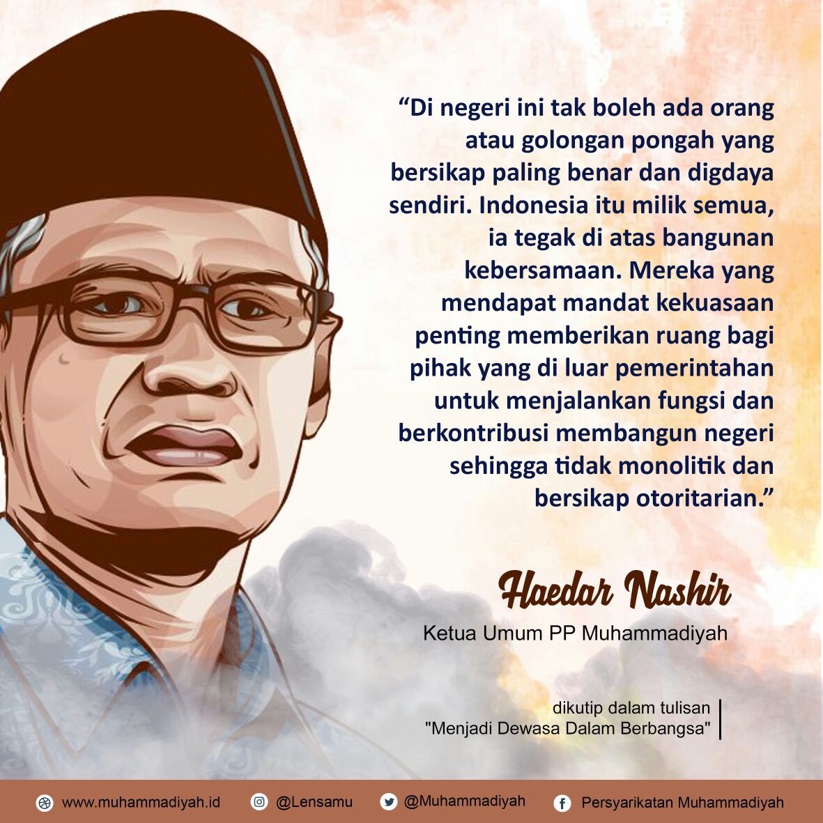 Sebaliknya, siapa pun yang ada di luar pagar pemerintahan perlu belajar lapang hati dan tetap berkhidmat membangun bangsa dengan jiwa kenegarawanan tinggi. Satu sama lain dalam posisi yang berbeda, dapat saling berkomunikasi, berdialog, dan berkhidmat untuk negeri secara elegan