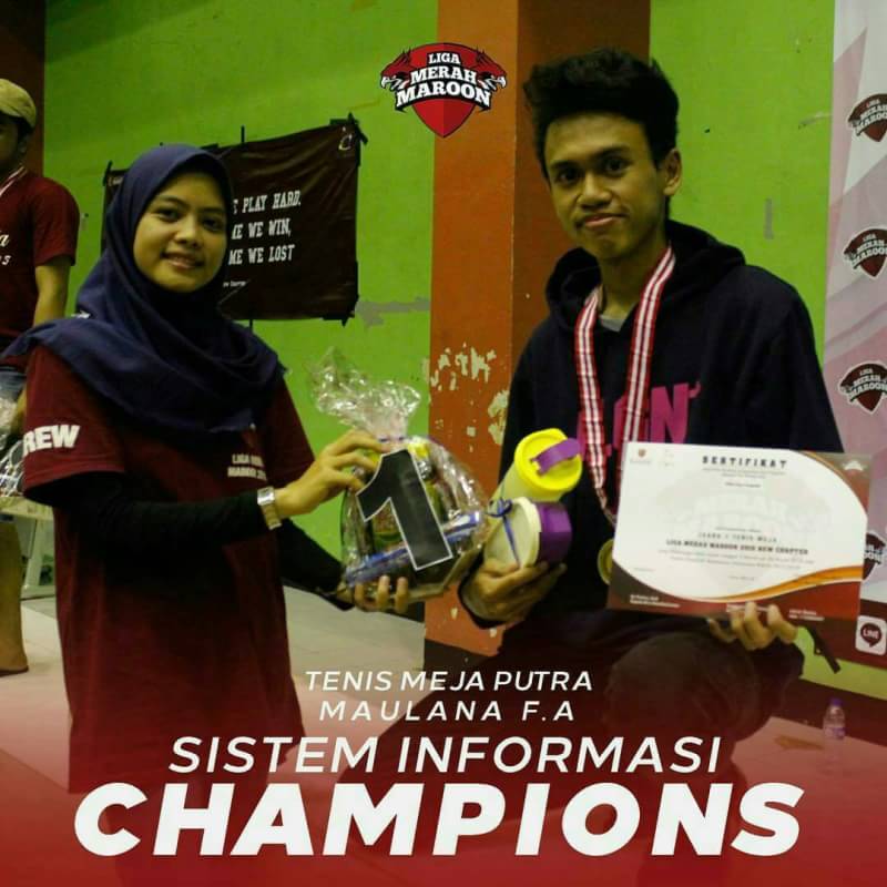 Congratulations to Maulana FetriSena Atmaja!

Telah menjadi The First Winner pada perlombaan tenis meja putra dalam acara Ligamerahmaroon. Terimakasih telah mengharumkan nama Sistem Informasi Universitas Bakrie. 

Yuk Sifers! 
Kita sama-sama mengharumkan nama Sistem Informasi.