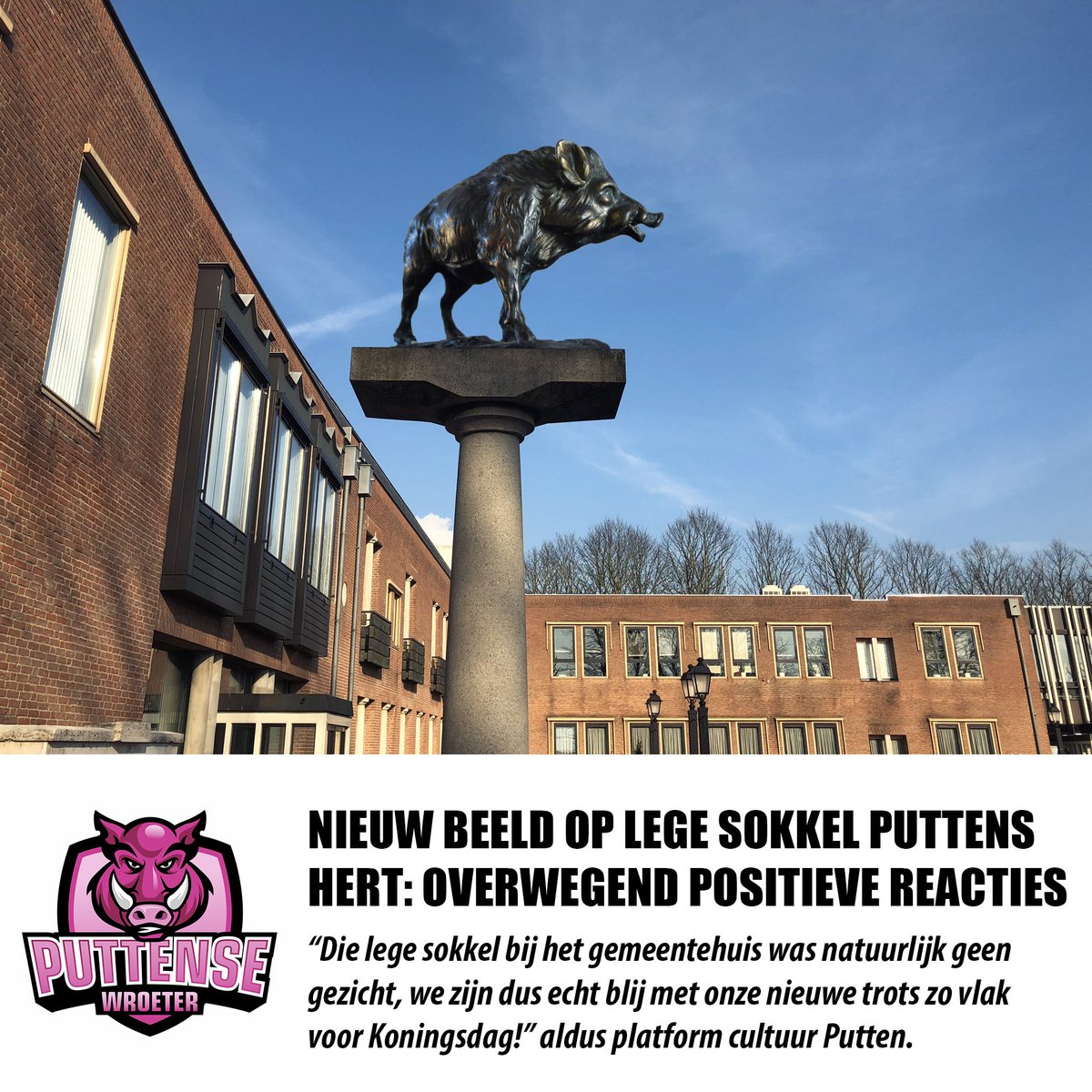 Nieuw #beeld op lege sokkel #puttenshert te zien bij #koningsdag. “Putten, waar de natuur de kleur bepaalt” is de slogan. Het bosvarken is natuurlijk een prima alternatieve representant van de Puttense natuur nu het hert ìn het gemeentehuis bivakkeert.
bit.ly/2pS2rbz
