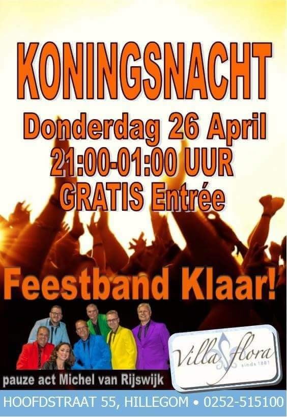 Heb je zin in een feestje? Kom dan 26 april naar <a href="/VillaFlora_/">Villa Flora</a> in Hillegom. Daar speel ik met mijn band Feestband Klaar!! Ook Michel Van Rijswijk zal weer een mooi optreden geven. Toegang is gratis. Tot de 26e?? Ik zeg: gas d'r op, dak eraf!!!! #koningsnacht #feest  #Hillegom