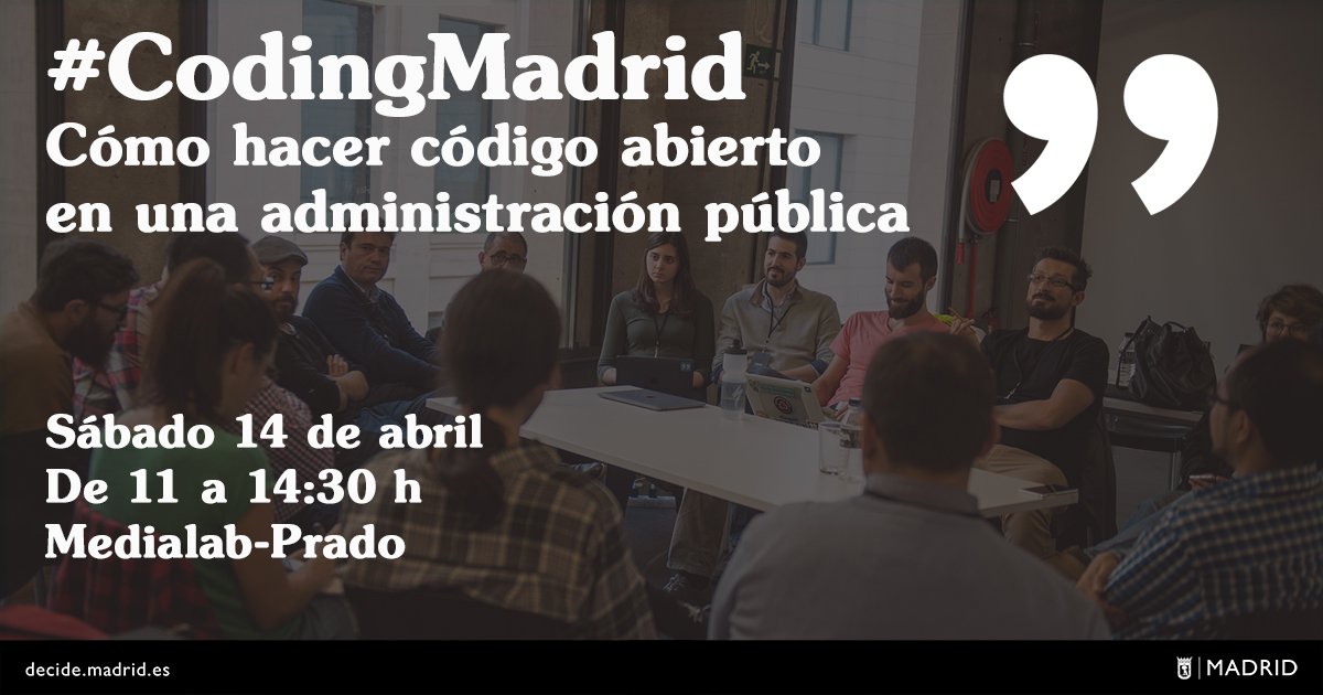DecideMadrid's tweet photo. El próximo 14 de abril tendrá lugar #CodingMadrid, organizado por @participa_LAB y el equipo de desarrolladores del proyecto @consul_dev de @Madrid.

Hacer software libre en la administración pública es posible. ¡Apúntate!

https://t.co/rLsTZeL30n https://t.co/IJcmEcGuug