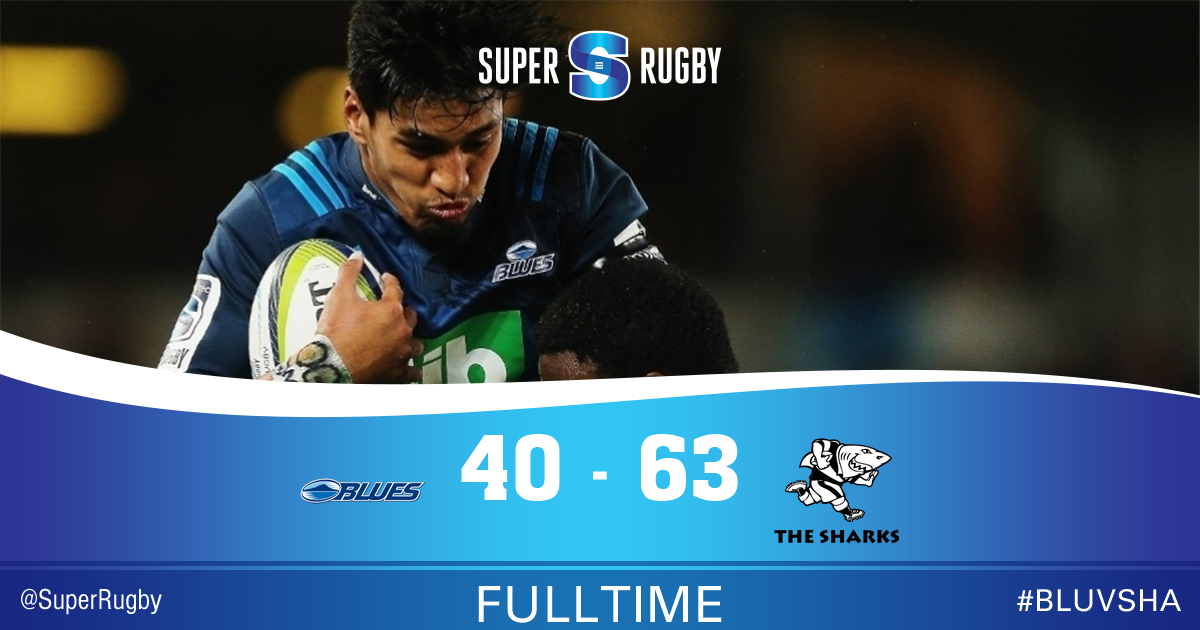 SuperRugby's tweet photo. FULLTIME: The sharks defeat the Blues at Eden park in a high point scoring game with Robert Du Preez kicking 13/13 #SuperRugby #BLUvSHA https://t.co/t8iYpmP5yQ