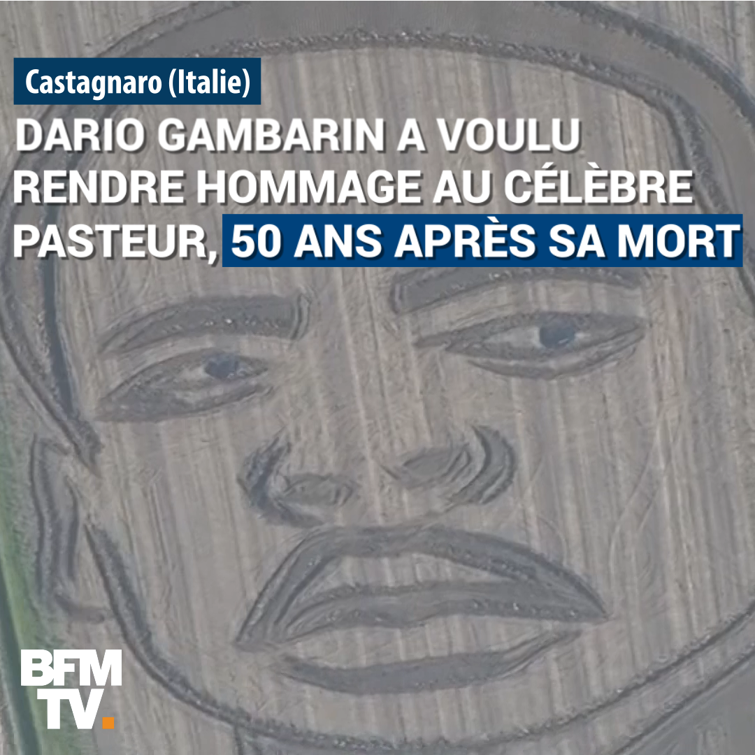 BFMTV's tweet photo. VIDEO - Cet agriculteur dessine avec son tracteur le portrait de Martin Luther King, 50 ans après sa mort https://t.co/KdQQZzVG2P https://t.co/DKfvE4P5eh