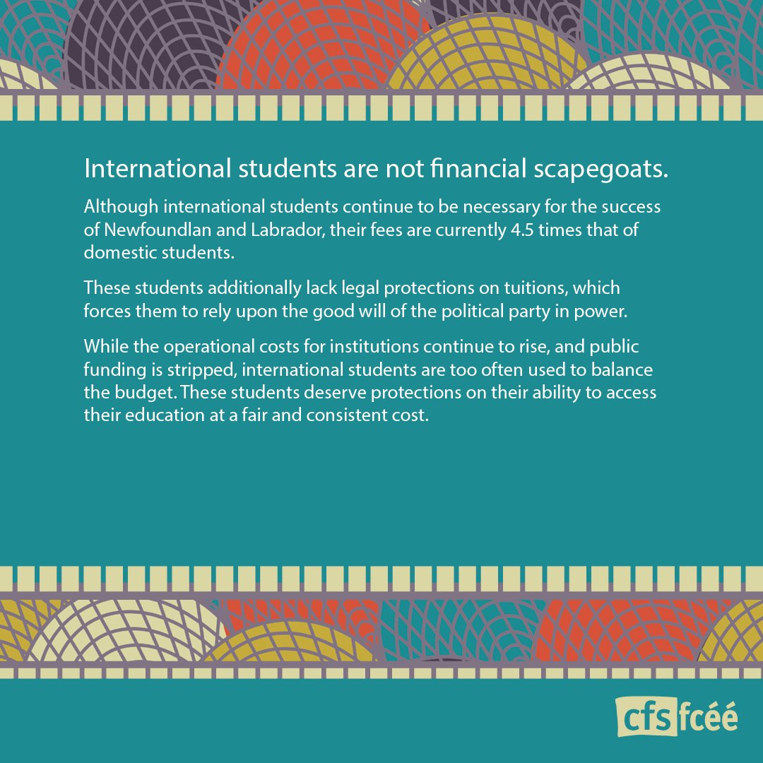 CFSNL's tweet image. International students are not financial scapegoats @MUNSU35 @CFSFCEE @CFSMB @MemorialU @gradstudies @GSUMUN @bitterspub #FFIS #ffis #canpoli @ISCmun