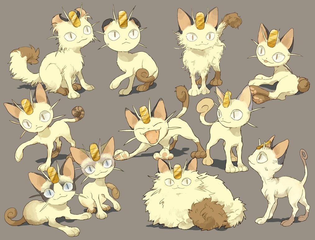 meowth no humans pokemon (creature) closed mouth smile closed eyes standing lying  illustration images