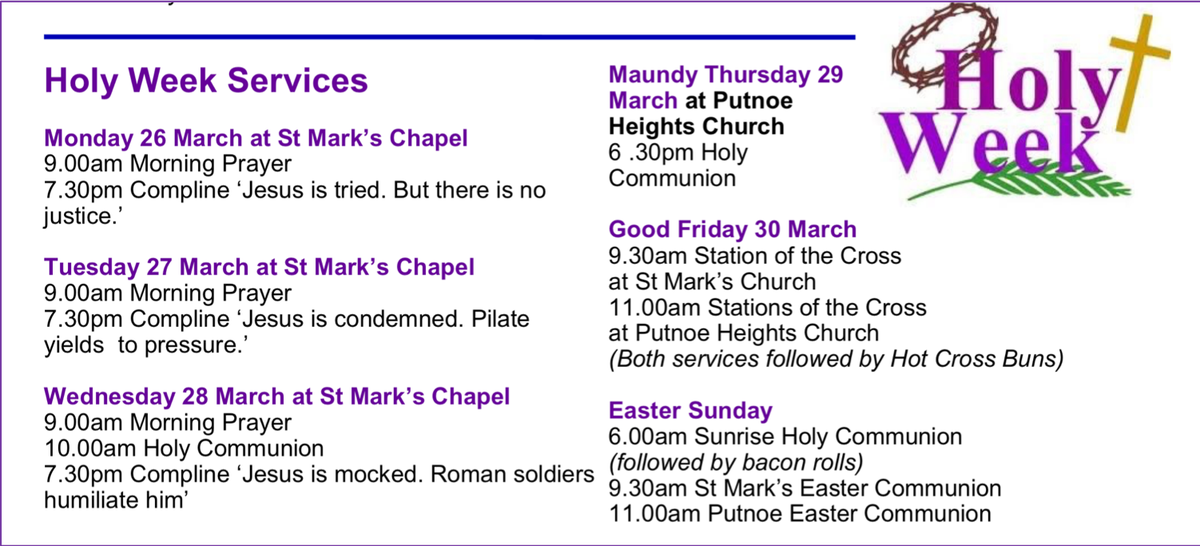 Don't forget our Easter Sunday Services 🐣🐥✝️:
6.00am Sunrise Holy Communion (followed by bacon rolls🥓)
9.30am St Mark’s Easter Communion 
11.00am Putnoe Easter Communion