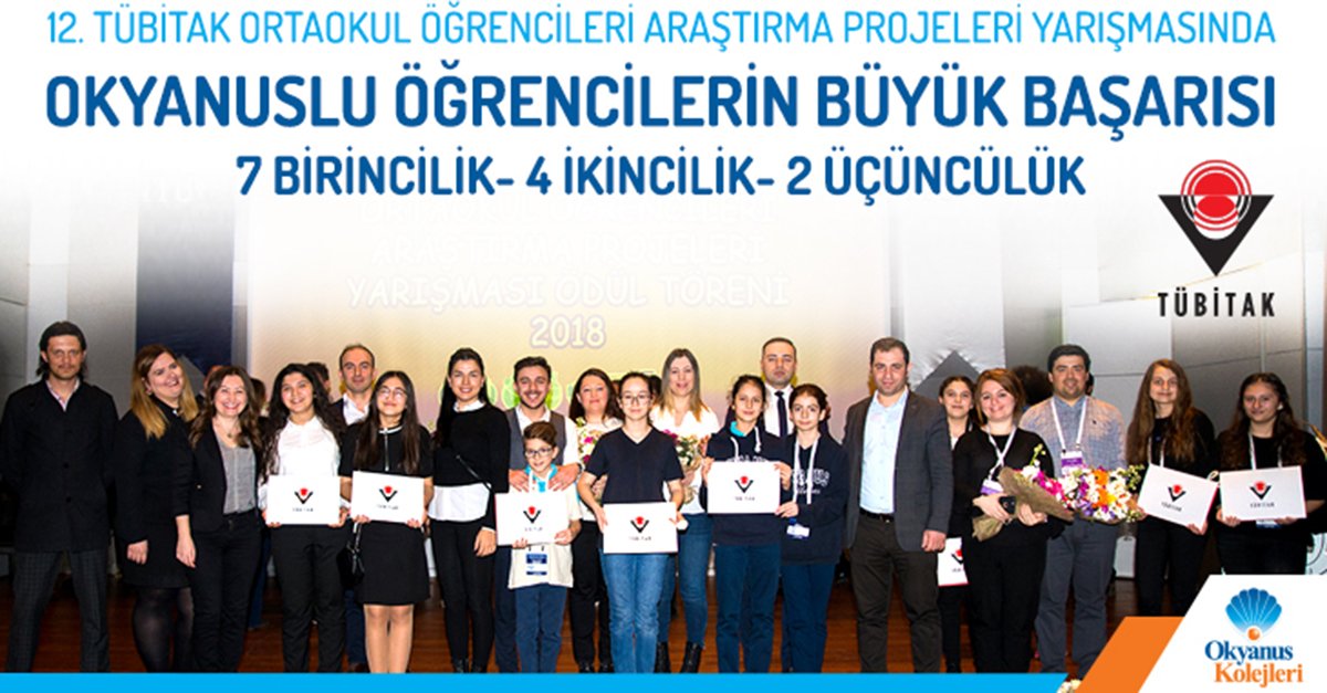 12. Tubitak Ortaokul Öğrencileri Araştırma Projeleri Yarışmasında Okyanuslu Öğrencilerin Büyük Başarısı
7 Birincilik - 4 İkincilik - 2 Üçüncülük
goo.gl/Vv3Qdb
#TUBİTAK #ProjeYarışması #Başarı #OkyanusKolejleri