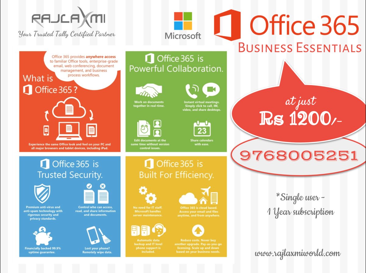 Why to choose Office 365 Business Essential? Interested to buy @ 1200 INR/ year? Call us now 9768005251

#rajlaxmisolutions #rajlaxmiworld #tally #tallysolutions #tallypartner #tallysupport #certifiedtallypartner #mar2018 #GST #ewaybill #software #tax  #vodafonepartner