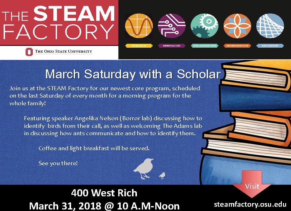 Megalomyrmex's tweet photo. The @Megalomyrmex Adams Lab will be teaching kids about ant communication at our favorite venue @theSTEAMfactory! @EEOB_OSU #kidsforscience https://t.co/aAX6qpaa3A