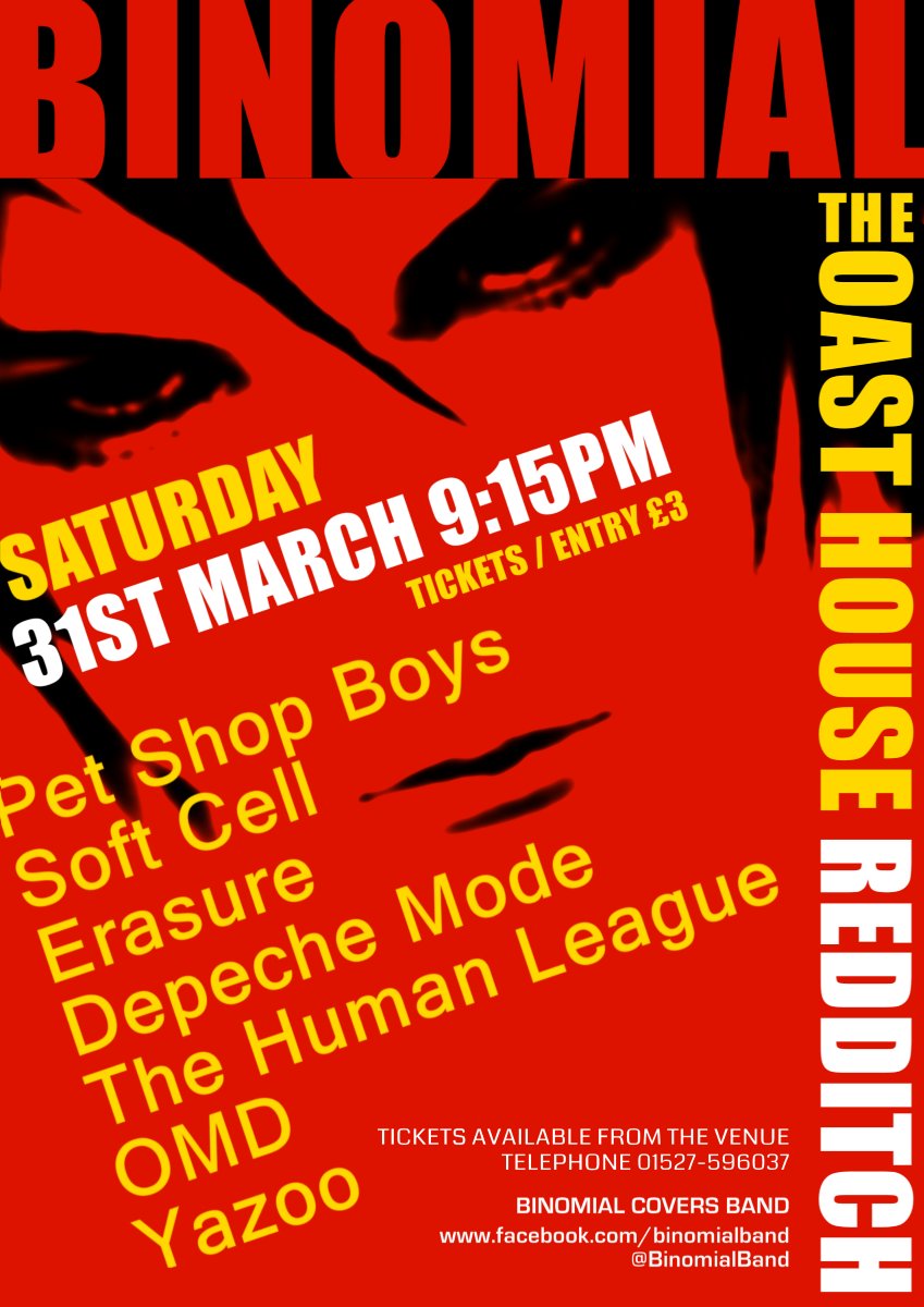 LOVE THE ELECTRONIC 80s >> LIVE!
TONIGHT 31/3/18 9:15pm Top #80s #electro covers band BINOMIAL @ The Oast House #Redditch  Tickets (from venue)/Entry £3  Tel 01527-596037
#synthwave #synthpop #electronicmusic #NewWave #edm #1980s #synth #retrowave #retrofuture