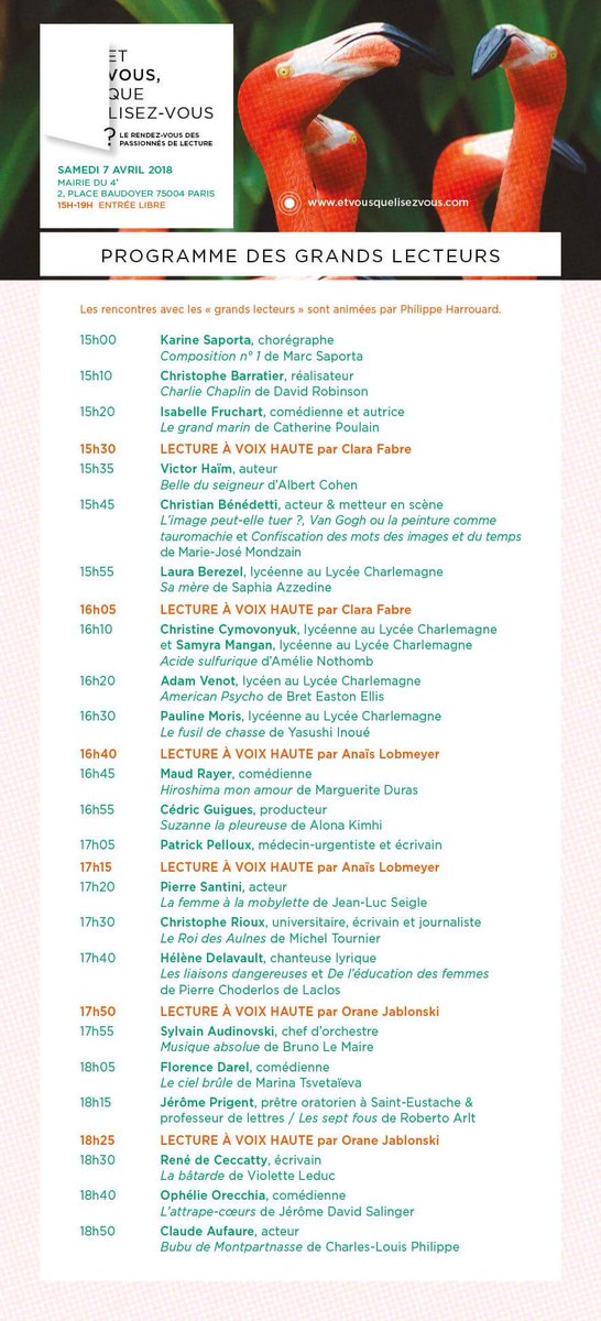 🎉 J - 7 🎉 Dans une semaine, nous avons rdv de 15h à 19h à la <a href="/Mairiedu4e/">Mairie du 4e</a> pour ET VOUS, QUE LISEZ-VOUS? 

📢 DEMANDEZ LE PROGRAMME ! 👇👇👇 Sur scène, des grands lecteurs venus vous parler de leur #livre coup de cœur et de la #lecture à voix haute...