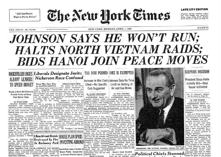 Fifty years ago today, President Lyndon Johnson announced that he would not run for re-election nyti.ms/2HPG6D5