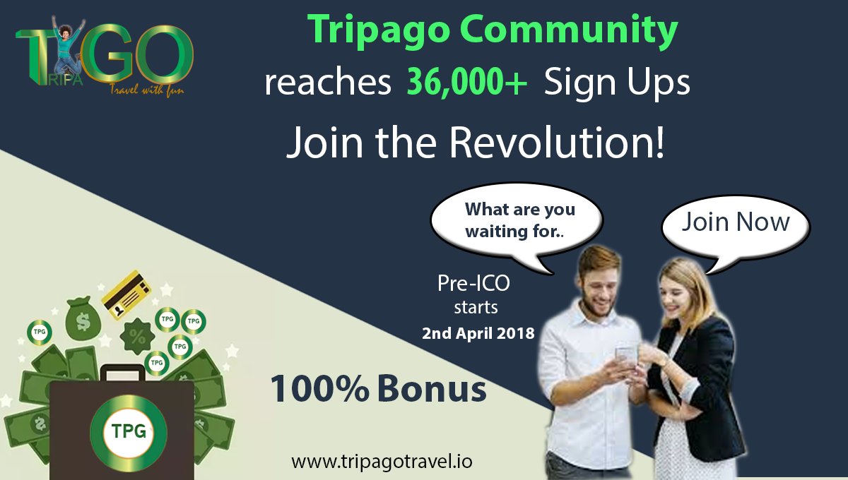 Tripagoofficial's tweet photo. With 36,000+ Sign-ups Tripago gain momentum😀... JOIN NOW! For more details visit: 👉https://t.co/MnDUGN3ORT
#tripago #TPG #travel #blockchain #bounty #airdrop #PREICO #ICO #referral https://t.co/VmEKirhKgy