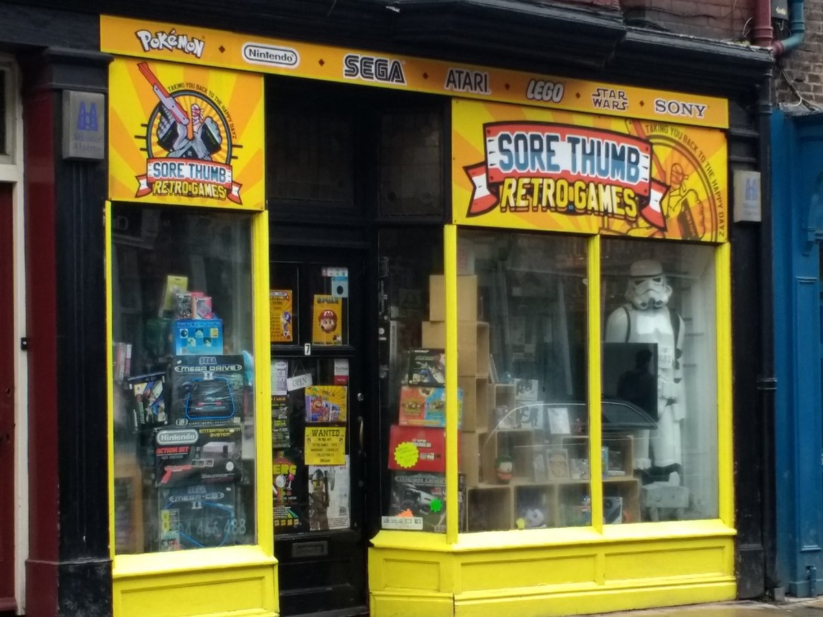HDGamingUK1's tweet photo. Another visit to my favourite shop in York! I'd love to buy everything in this place! I still might!! 😉 #retrogaming #sorethumbsretrogamesyork #nintendo #switch #docksock #videogames #Pokemon #mario #gamergirl #geek #nerd #zelda #donkeykong #nostalgia #etsy #gameboy #n64 #nes https://t.co/0qSxUVNZn4