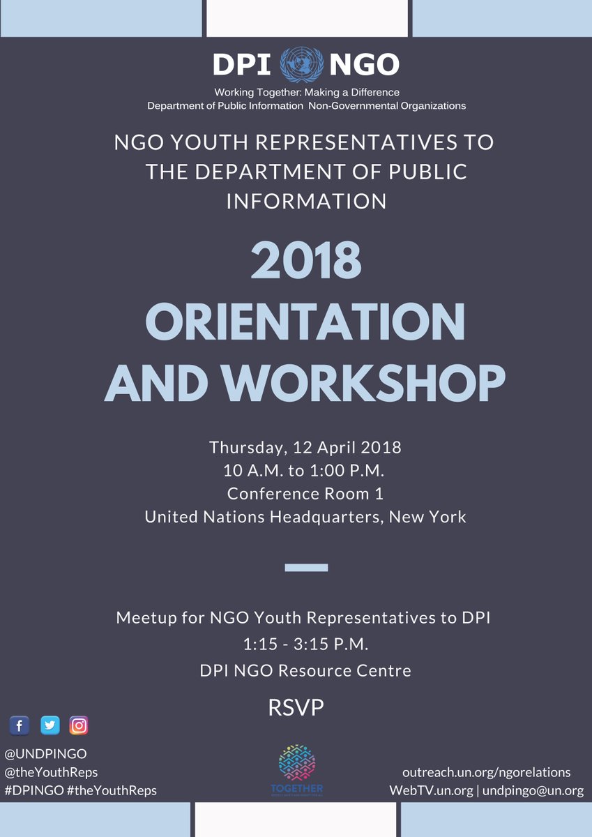 NGO_YouthUnited's tweet photo. Are you a new #DPINGO NGO Youth Representative? Attend the 2018 Orientation and Workshop to make the best out of your position! RSVP to attend the informative and interactive event at: https://t.co/cSoVN8BTyN! Spread the word around to your other #theYouthRep friends! https://t.co/kYzgw6jbOH