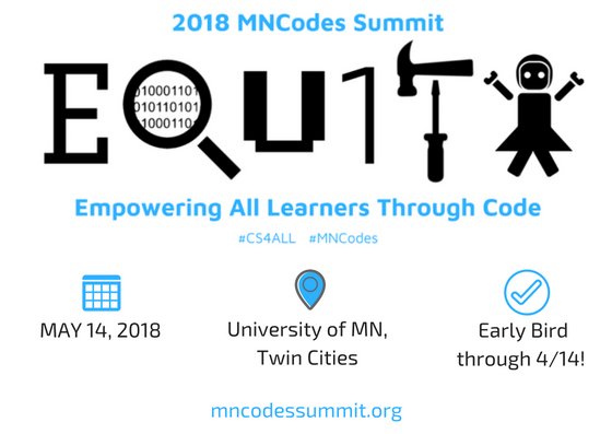 wilsandrea's tweet photo. Less than a week left to submit a session proposal to share your #CSed expertise in hands-on ways at the upcoming #MNCodes Summit on 5/14! Visit the Summit site to learn more and submit a proposal! Hope to see you there! https://t.co/hjt8Z7pVP6 https://t.co/WvnWBKI6IY