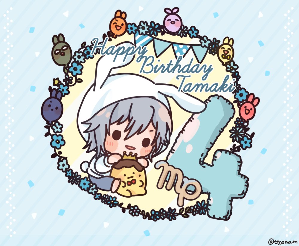 chibi 1boy hood grey hair male focus flower smile  illustration images