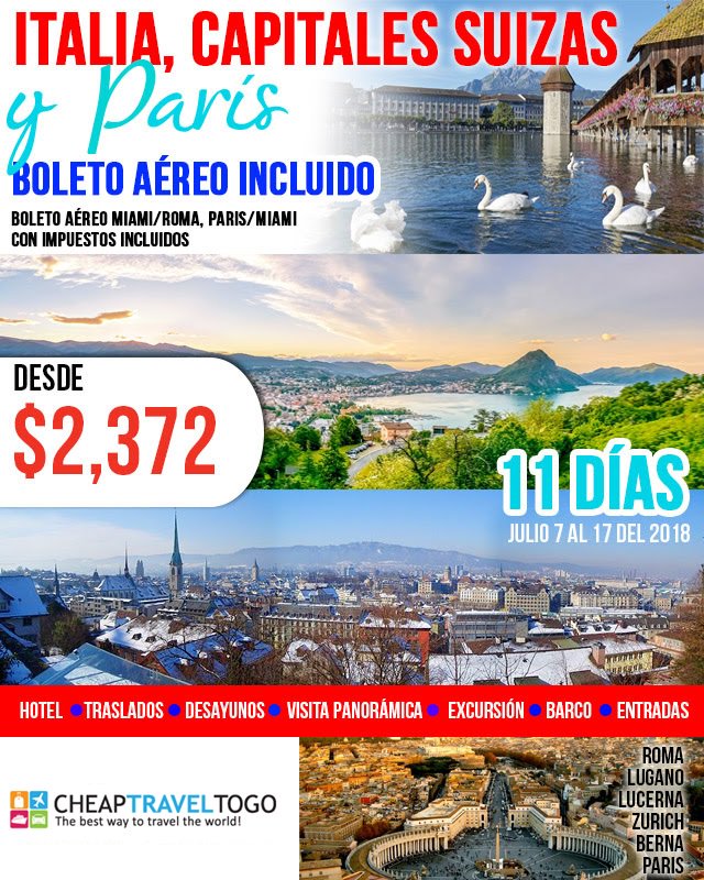 CheapTravelToGo's tweet photo. Italia, Capitales Suizas y Paris!
11 Dias / 7 al 17 de Julio 2018
Boleto Aereo Incl. (Desde Miami)
Hoteles, Comidas, Traslados y mas.
Toll Free: 1-844-892-4317
reservations@cheaptraveltogo.com
https://t.co/WiNneasbmS
#Italia #suiza #paris #vacations https://t.co/5iS9YCxzjq