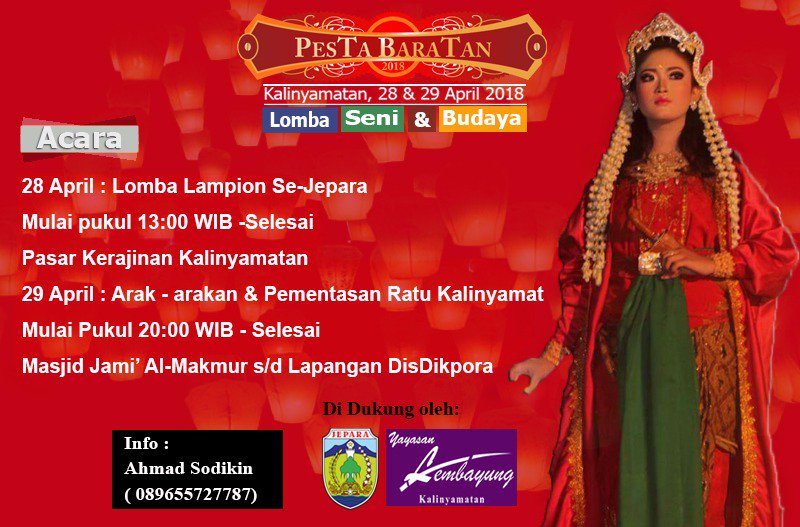 Jangan lupa bulan April di #Kalinyamatan #Jepara bakal diselenggarakan <a href="/PestaBaratan/">Lembayung Production</a>. #AgendaJepara #PestaBaratan #VisitJepara #JatengWOW