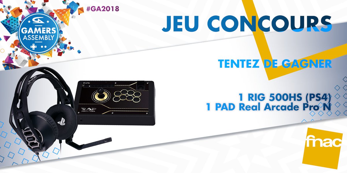 GamersAssembly's tweet photo. [#CONCOURS]

➡ La Fnac veut jouer elle aussi ! En jeu : 

1 PAD Real Arcade PRO:N 
1 casque RIG 500HS (PS4) de chez @PLTgaming_FR

➡ Pour participer : 

RT + FOLLOW @Fnac et @GamersAssembly
Commente "GGWP la FNAC" + #GA2018 ! https://t.co/zlZo1Qo4ZL