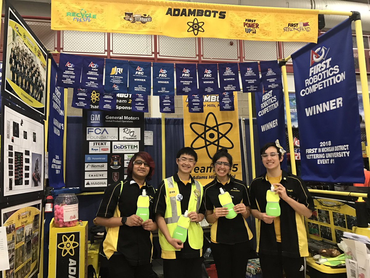 AdamBots's tweet photo. Thank you to our sponsor Magna for coming to visit and giving us these water bottles! #omgrobots #frcmitry https://t.co/zSoCvC7Ai1