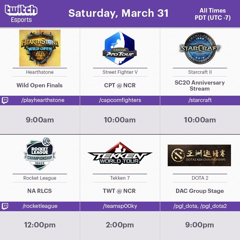TwitchEsports's tweet photo. It's #esports Saturday on @Twitch!

Let us know what you're watching! https://t.co/yqE1LjUt1b